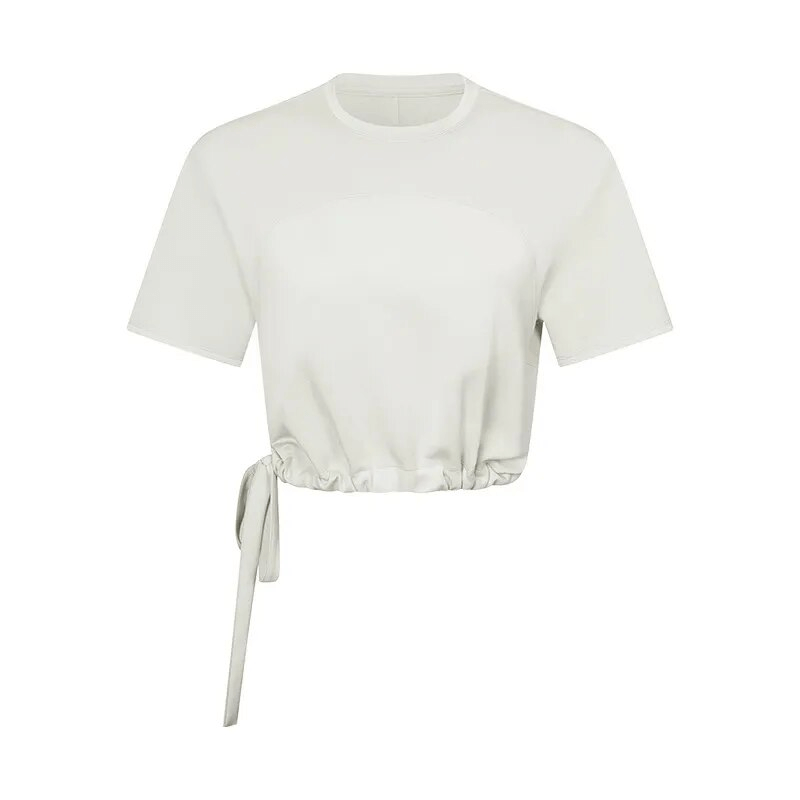 White short sleeve sports crop T-shirt with adjustable hem for fitness, featuring anti-pilling and quick-dry fabric.